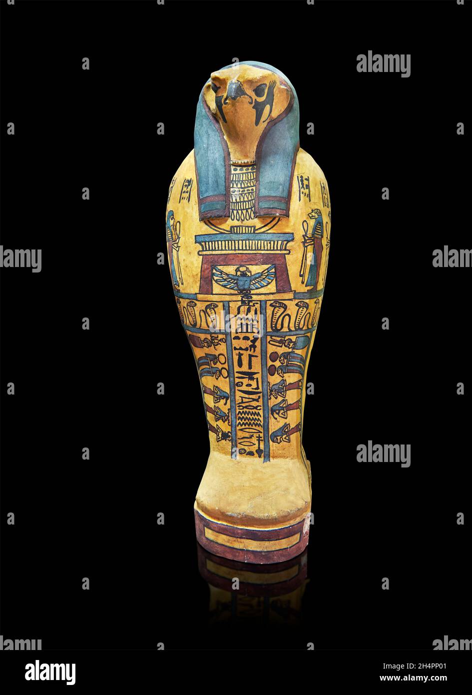 Miniture sarcophagus of Osiris, 0-199 AD, Roman Egypt, painted wood, Louvre Museum E 12181.   The sacrcophagus depicts Osiris falcon head, Ousekh coll Stock Photo