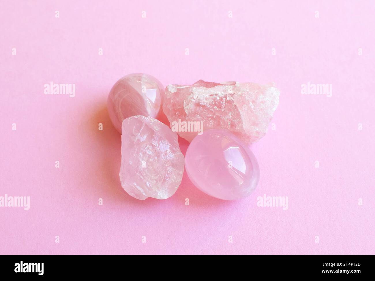 Crystals of rose quartz on a pink background. Beautiful semi-precious stones Stock Photo