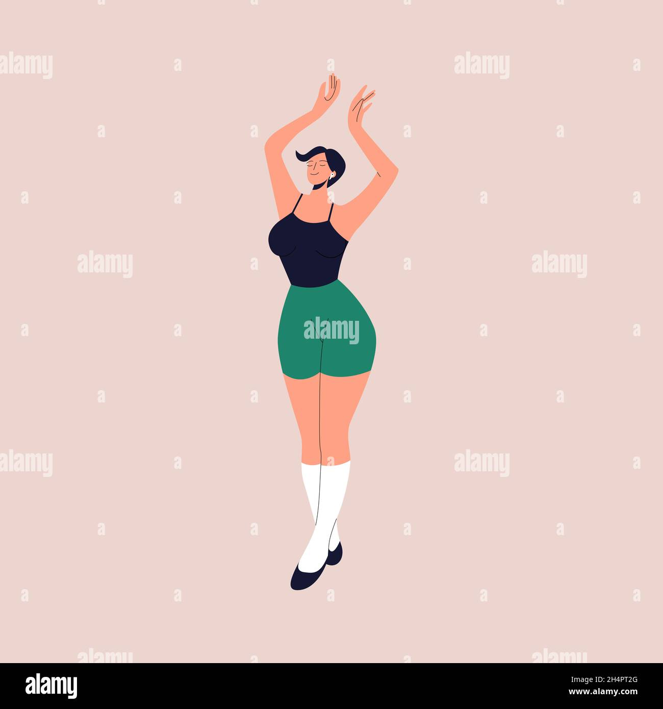 Beautiful curvy woman dance to the music while listening to it with  earphones. Feminine cartoon character dancing with his hands up from joy  and fun Stock Vector Image & Art - Alamy