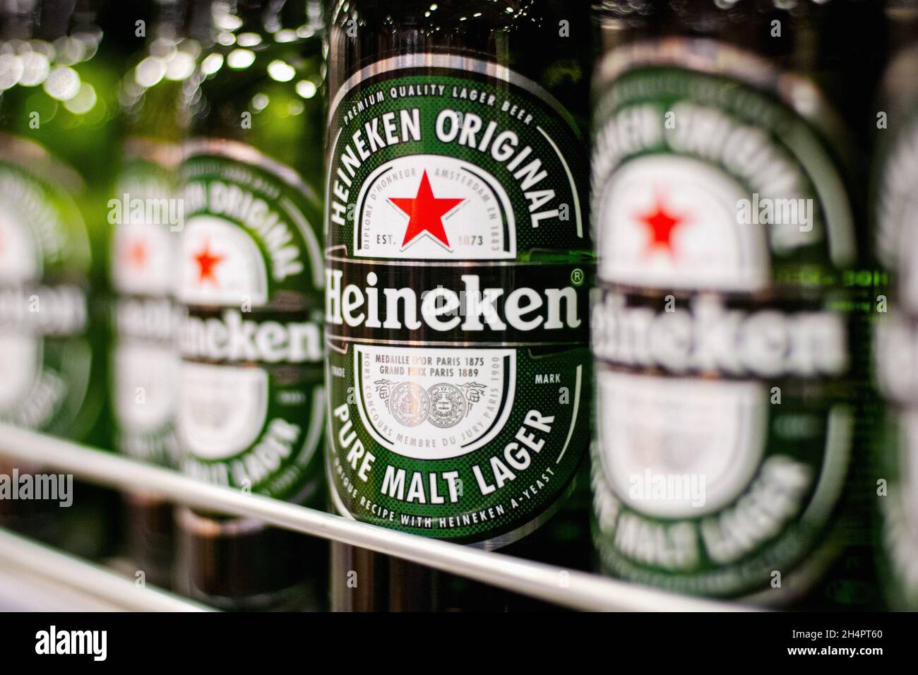 Bottles of Heineken Lager Beer on the supermarket shelf, Moscow, November 2021 Stock Photo