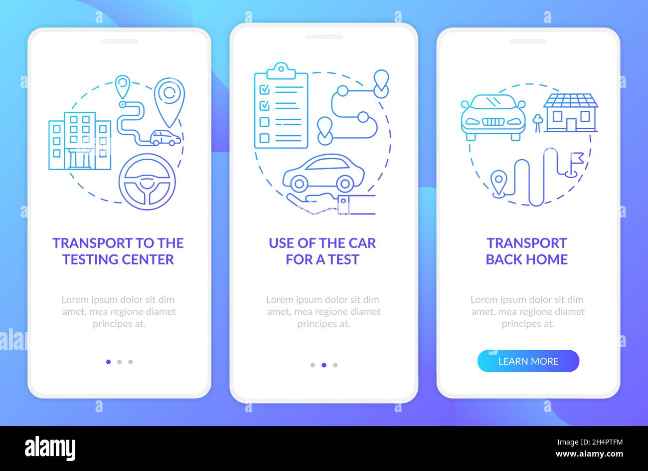 Road test services blue gradient onboarding mobile app page screen Stock Vector