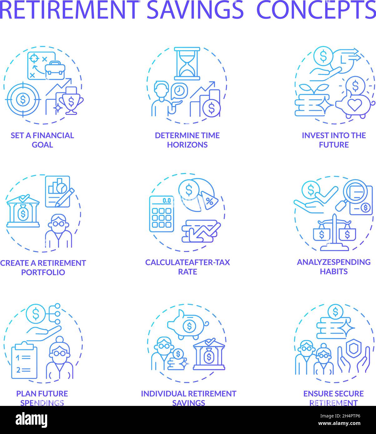 Retiral savings concept icons set Stock Vector