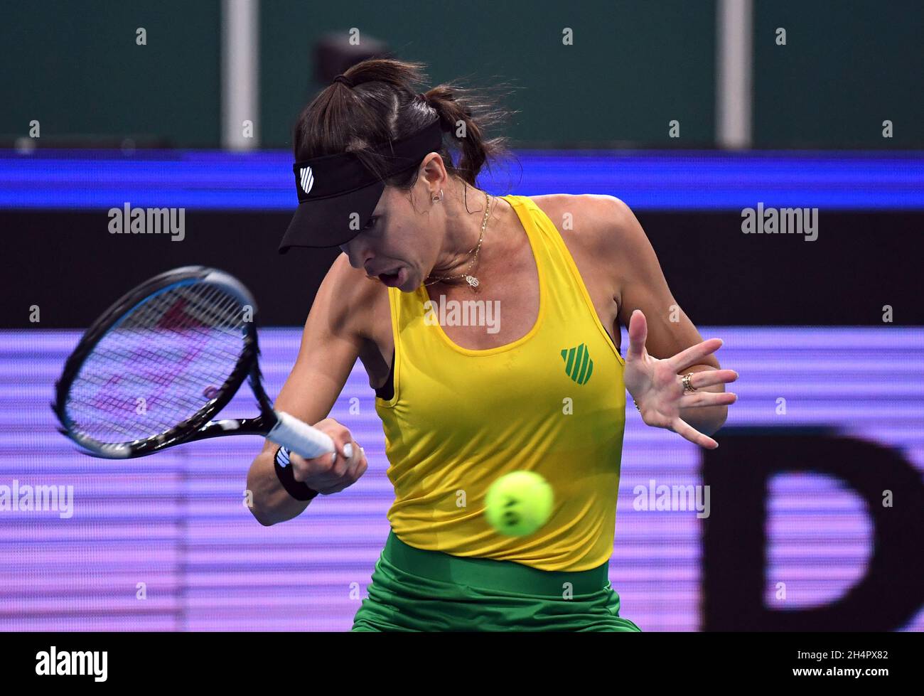 Prague, Czech Republic. 04th Nov, 2021. Ajla Tomljanovic of Australia plays  against Aliaksandra Sasnovich of Belarus during Group B match of the  women's tennis Billie Jean King Cup (former Fed Cup) in