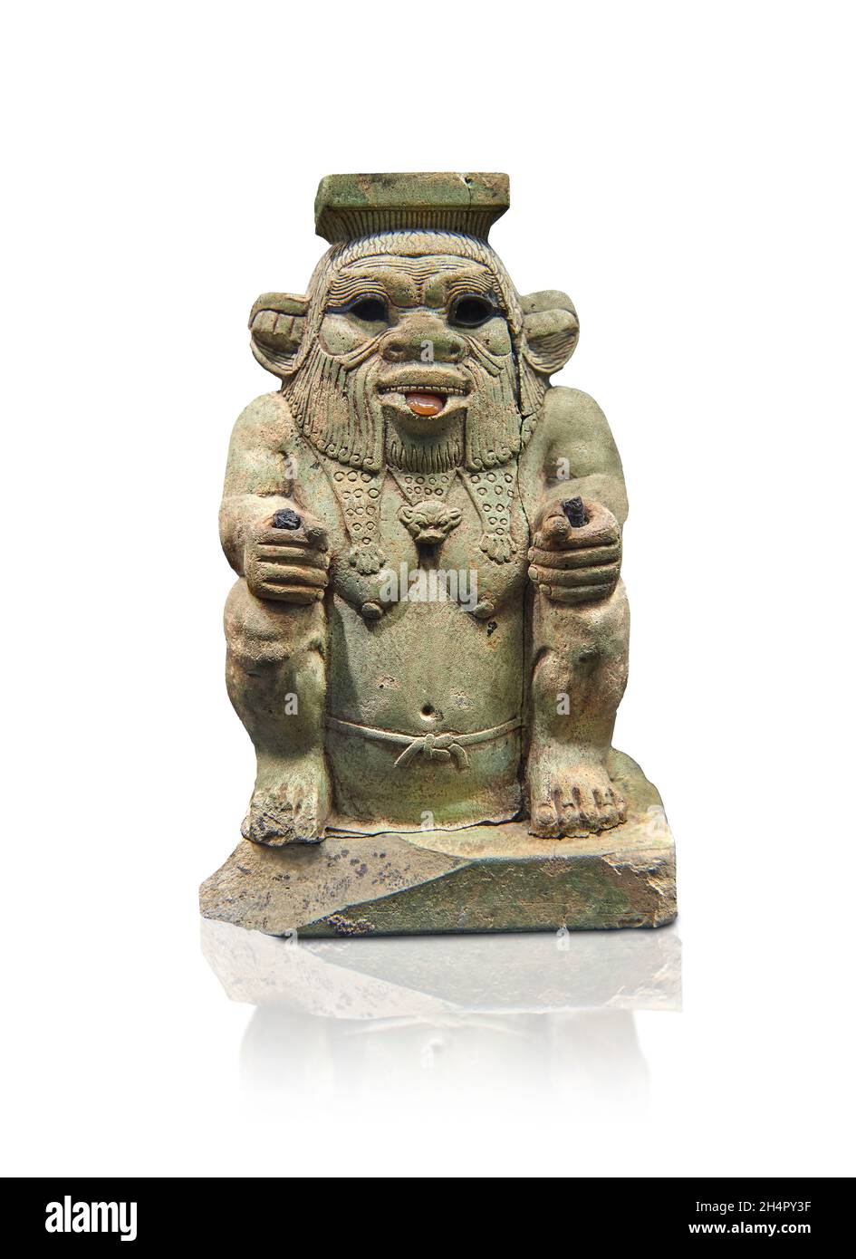 Egyptian statue sculpture of the god Bes, 664-525 BC, 16th dynasty,  . Louvre Museum E10929.  Bes is squatting wearing the panther skin, beard, protru Stock Photo