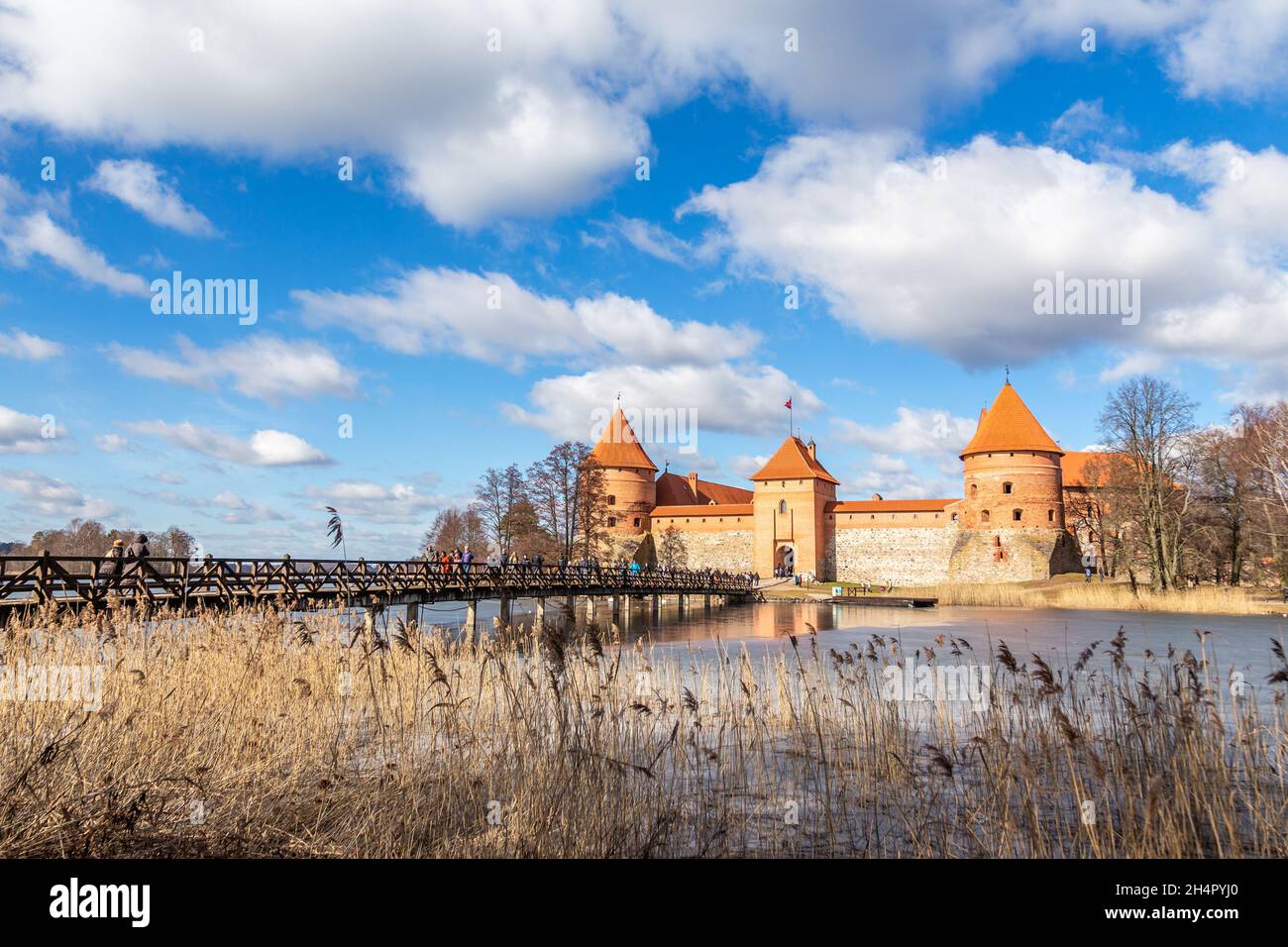 Trakai Island Castle orange walls and towers, lake Galve, Republic of Lithuania Stock Photo