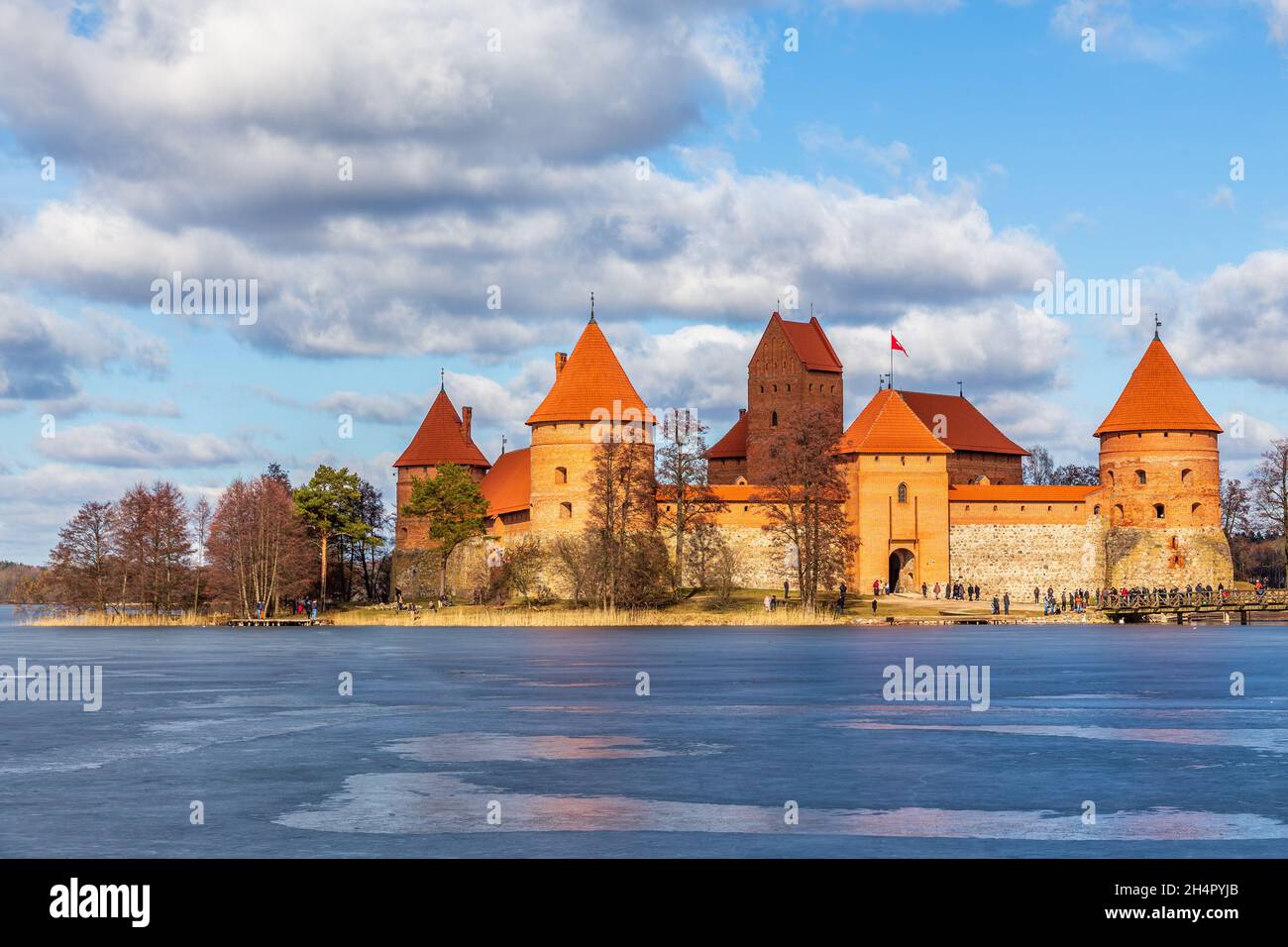 Trakai Island Castle orange walls and towers, lake Galve, Republic of Lithuania Stock Photo
