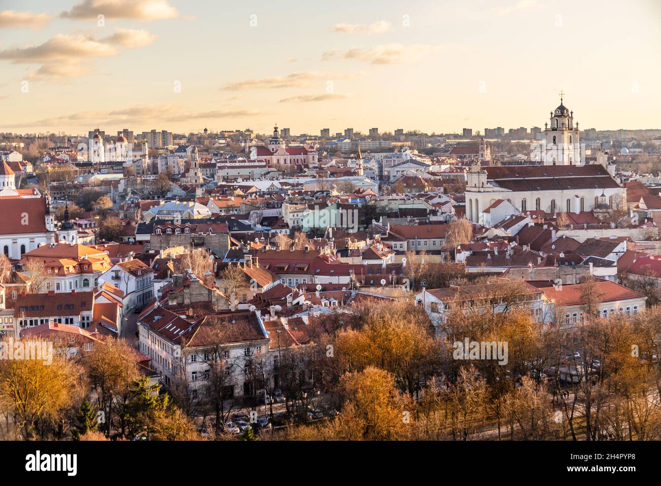 Old Vilnius town autumn panorama during the evening hours, Lithuania Stock Photo