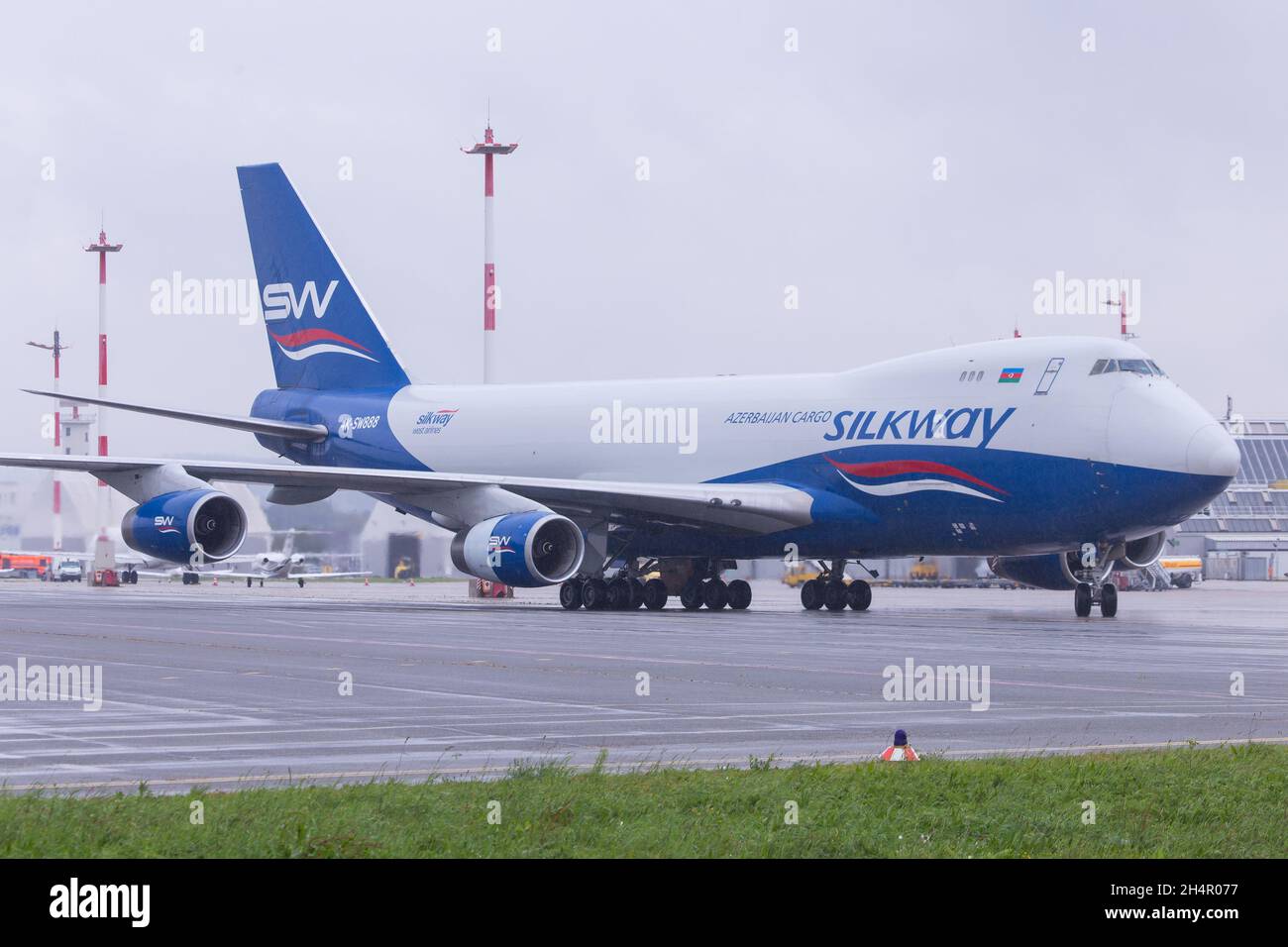LINZ, AUSTRIA - Oct 10, 2021: Silkway Azerbaijan Cargo Airlines Boeing 747-400F freighter on the apron in Linz Stock Photo
