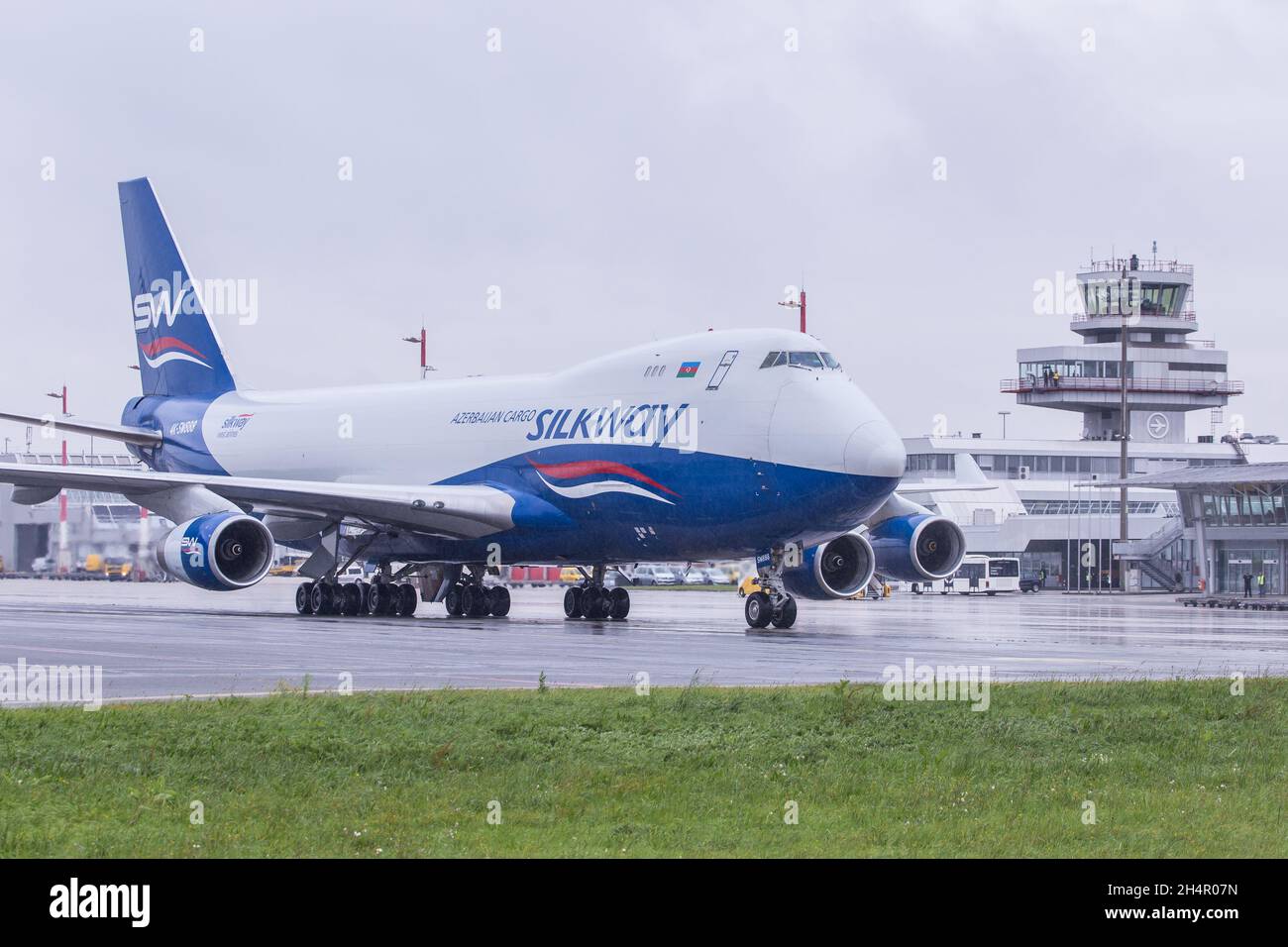 LINZ, AUSTRIA - Oct 10, 2021: Silkway Azerbaijan Cargo Airlines Boeing 747-400F freighter on the apron at Linz airport Stock Photo