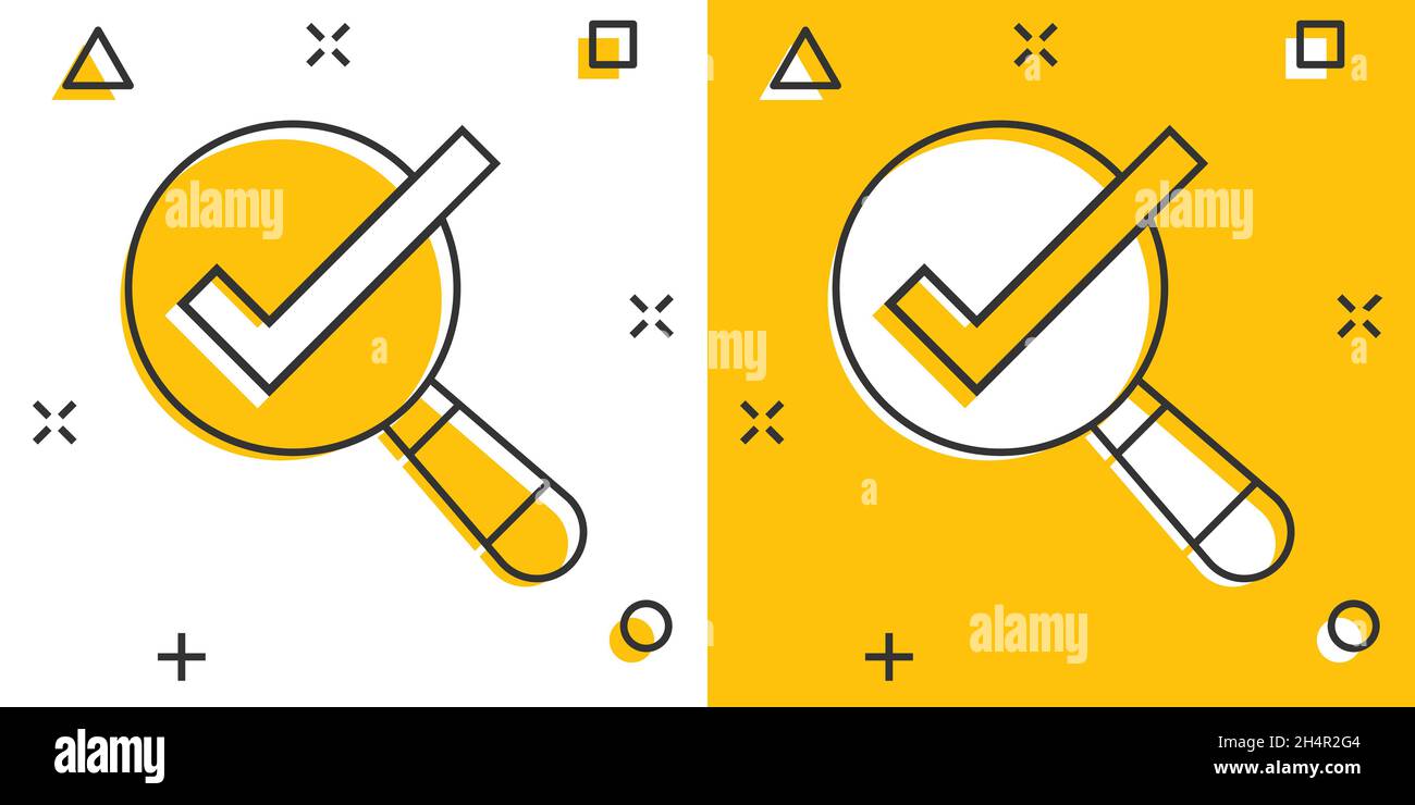 Check mark with magnifying glass icon in comic style. Loupe accept ...