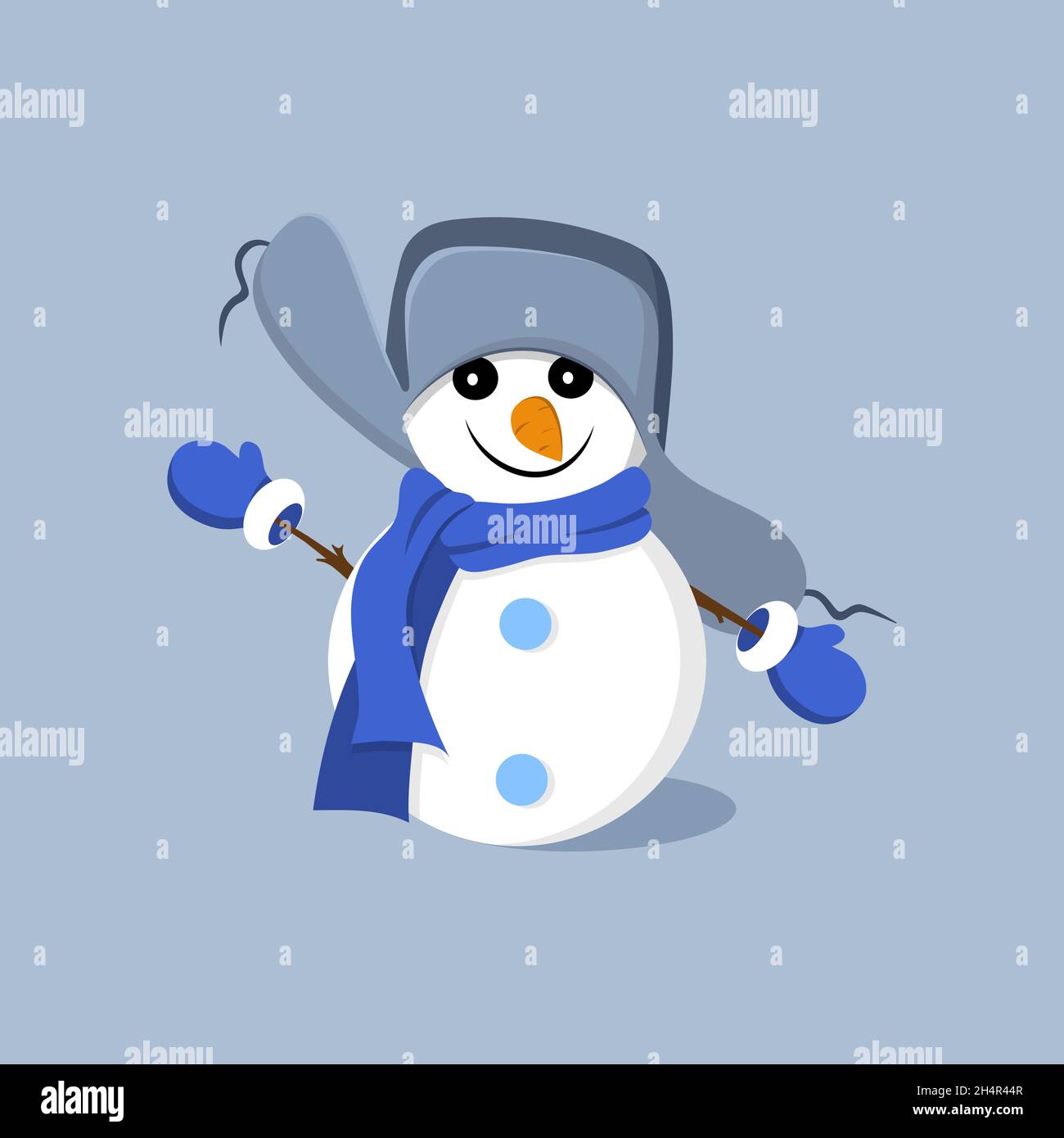 Cute funny snowman in a hat and scarf on a gray background. Vector Stock Vector