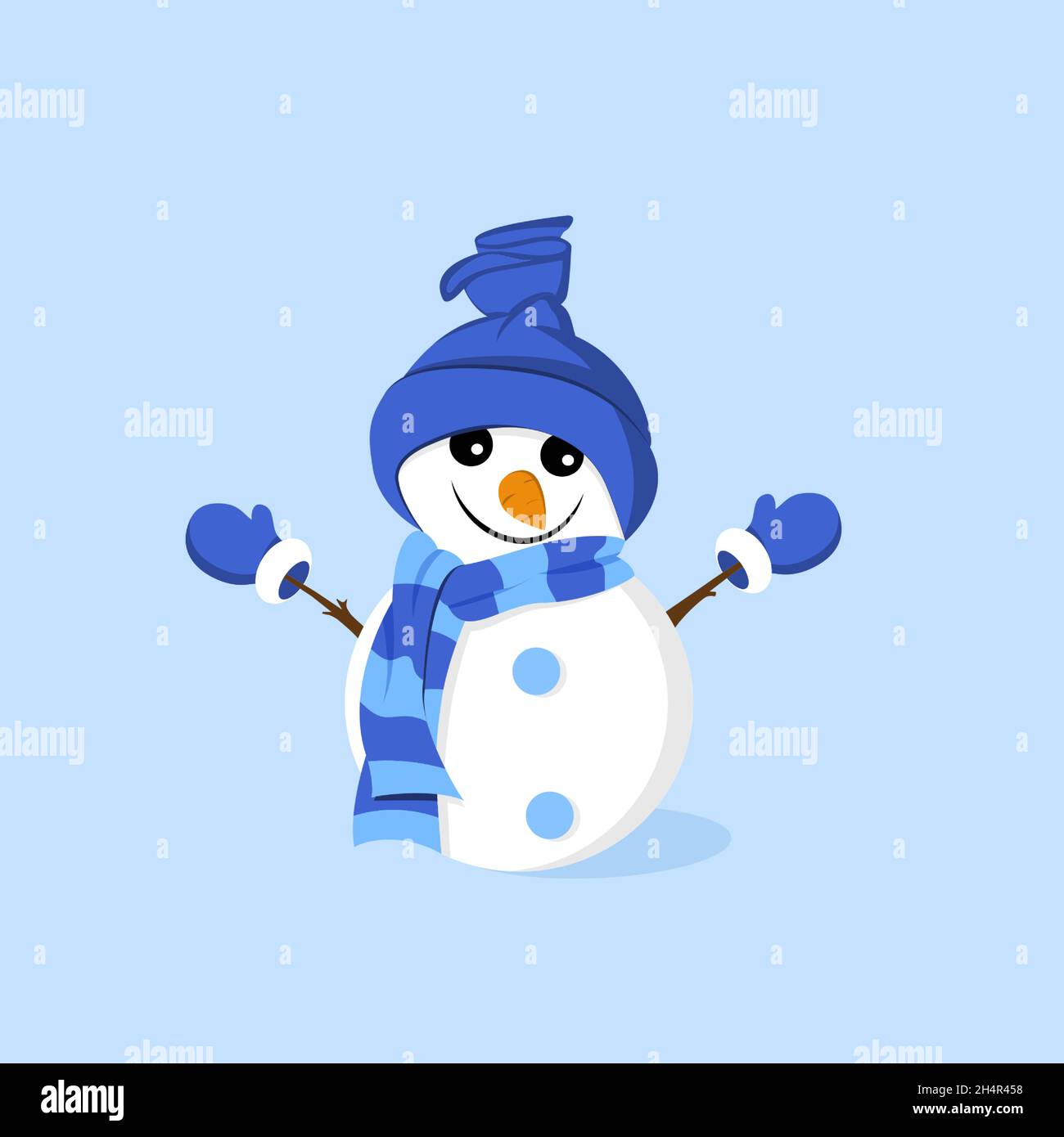 Cute funny snowman in a hat and striped scarf on a blue background. Vector Stock Vector