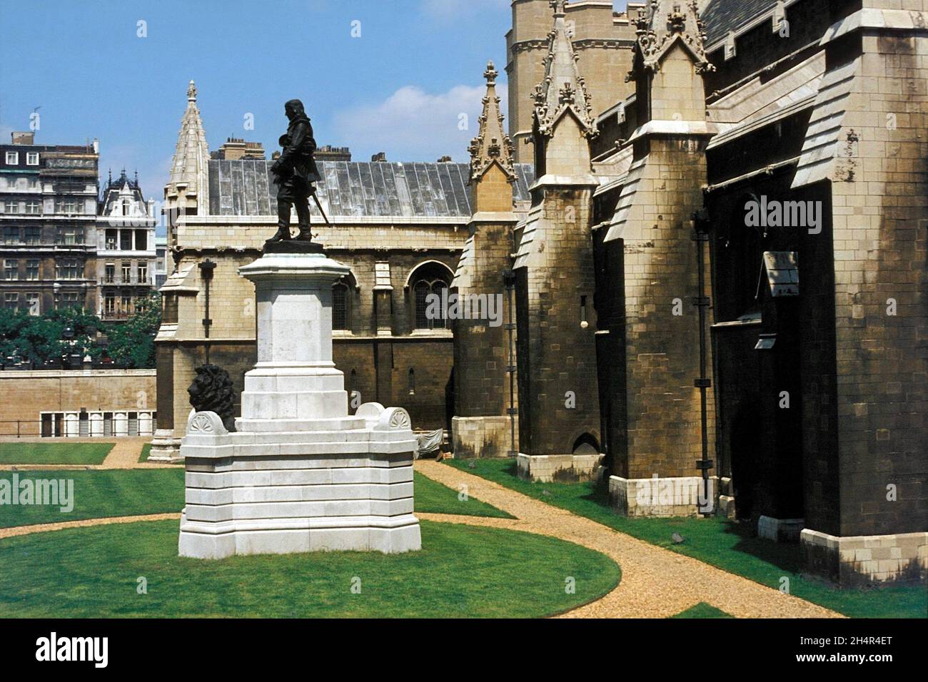 Statue on plinth outside westminster. London. Vintage photo Stock Photo