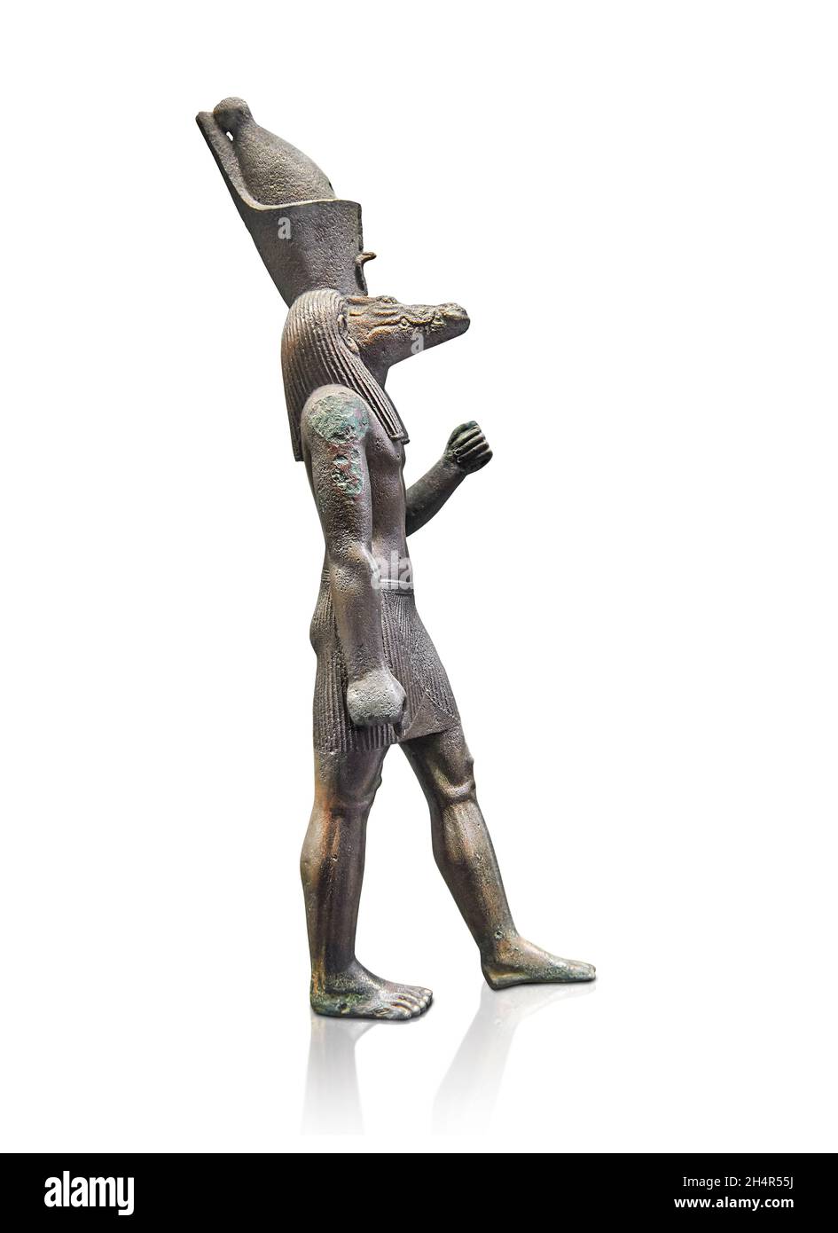 Egyptian statue sculpture statue of Sobek, 595-589 BC . Louvre Museum E 10782 or AF1683 . Sobek (crocodile-headed god, standing, left arm forward, cro Stock Photo