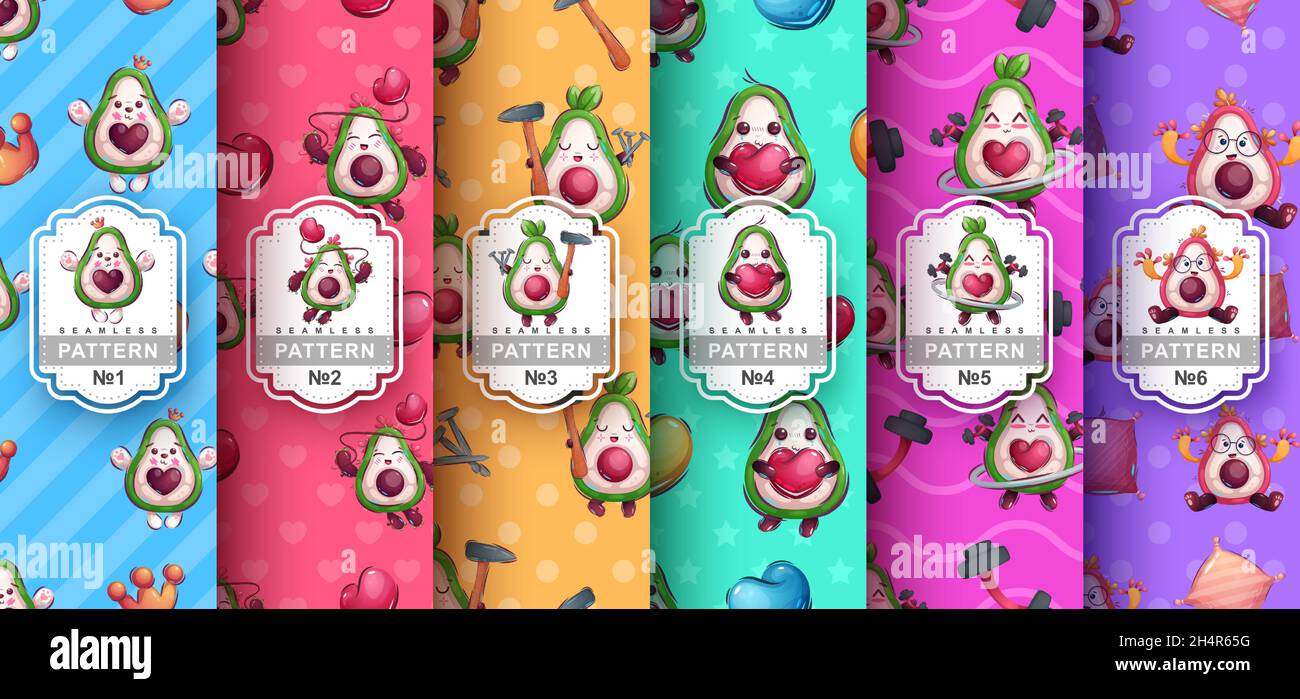 Cartoon character cute avocado and seamless pattern. Stock Vector