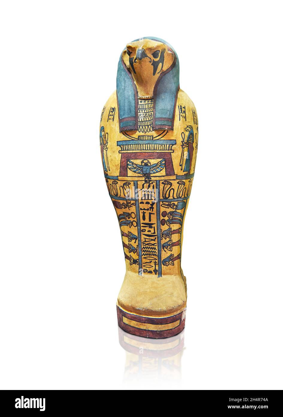 Miniture sarcophagus of Osiris, 0-199 AD, Roman Egypt, painted wood, Louvre Museum E 12181.   The sacrcophagus depicts Osiris falcon head, Ousekh coll Stock Photo