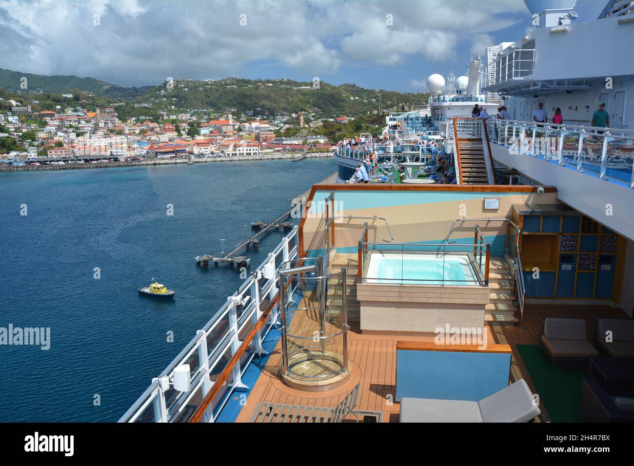 Grenada, Caribbean - March 25, 2017 : Royal Princess ship sails away from Saint George port in Caribbean. Royal Princess is operated by Princess Cruis Stock Photo