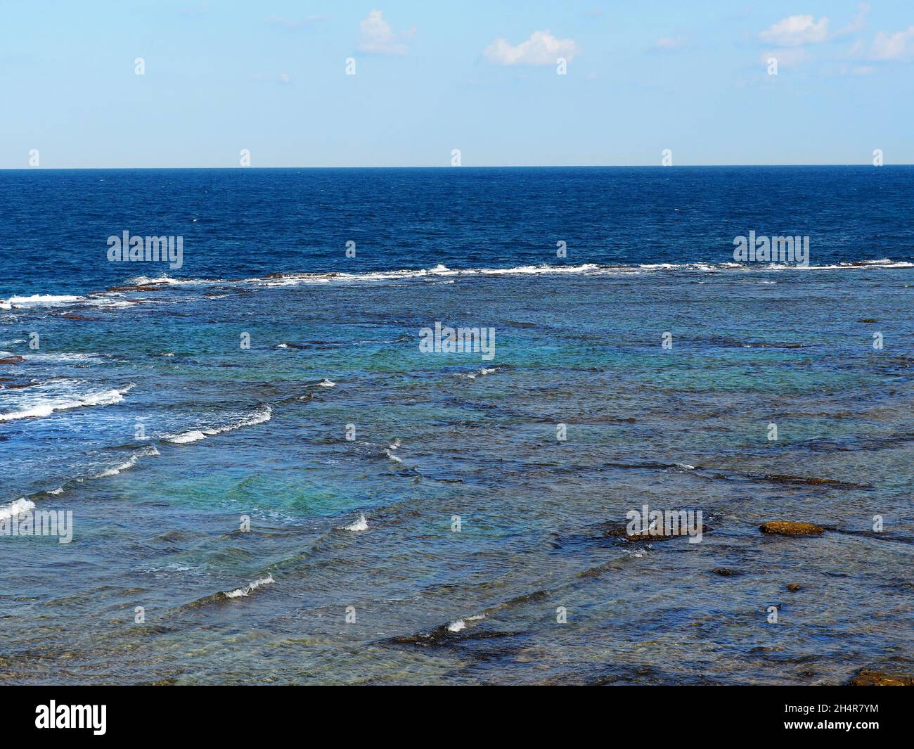 The dark blue Mediterranean Sea with green tints off the coast. Stock Photo