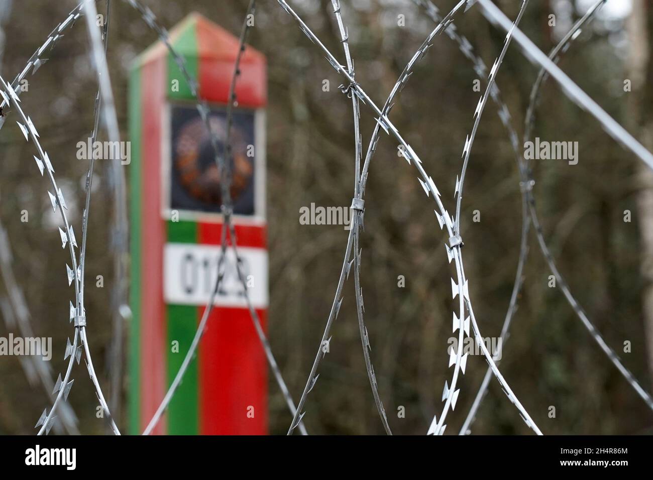 Razor wire is seen in front of a Belarusian border marking pole in Druskininkai, Lithuania, November 4, 2021. REUTERS/Janis Laizans Stock Photo