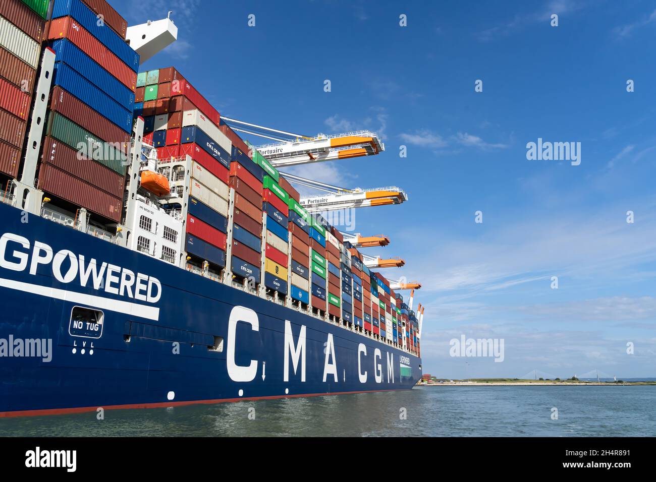 Le Havre, France - July 29, 2021: Montmartre lingpowered ultra large and modern containership of the french shipping major CMA CGM in the harbour of L Stock Photo