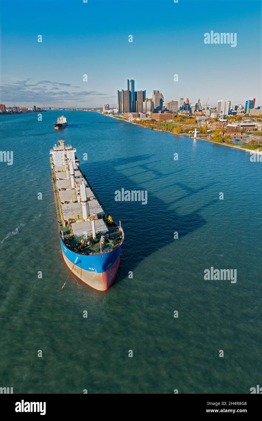 Detroit, Michigan - Oceangoing ships anchored in the Detroit River near downtown Detroit. The Lubie (foreground) and Resko are owned by the Polish Ste Stock Photo