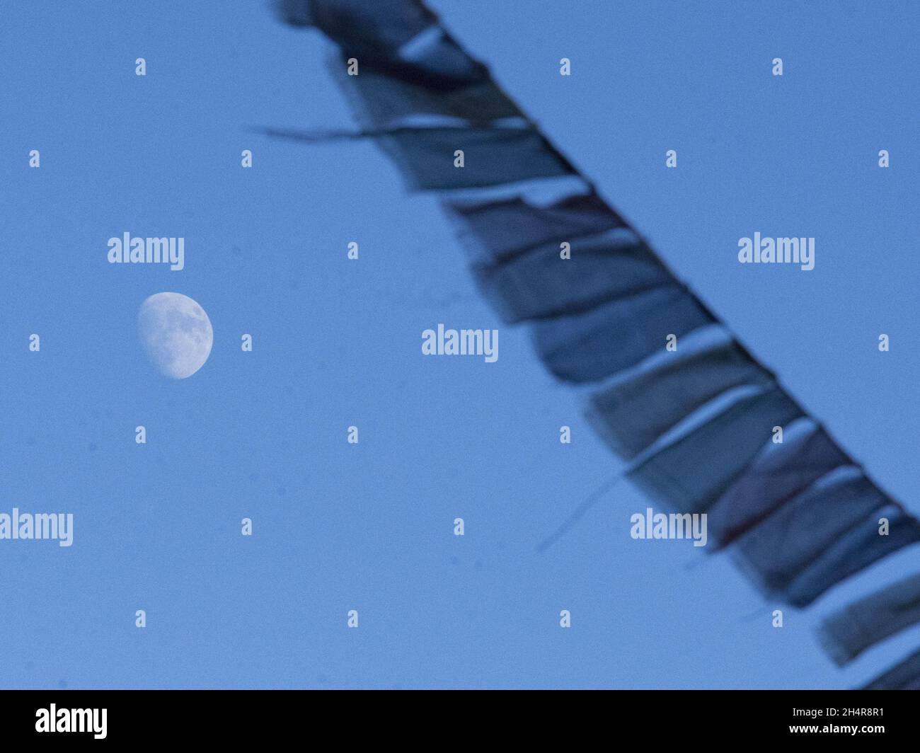 tibetan flags waving in the wind under the moon Stock Photo