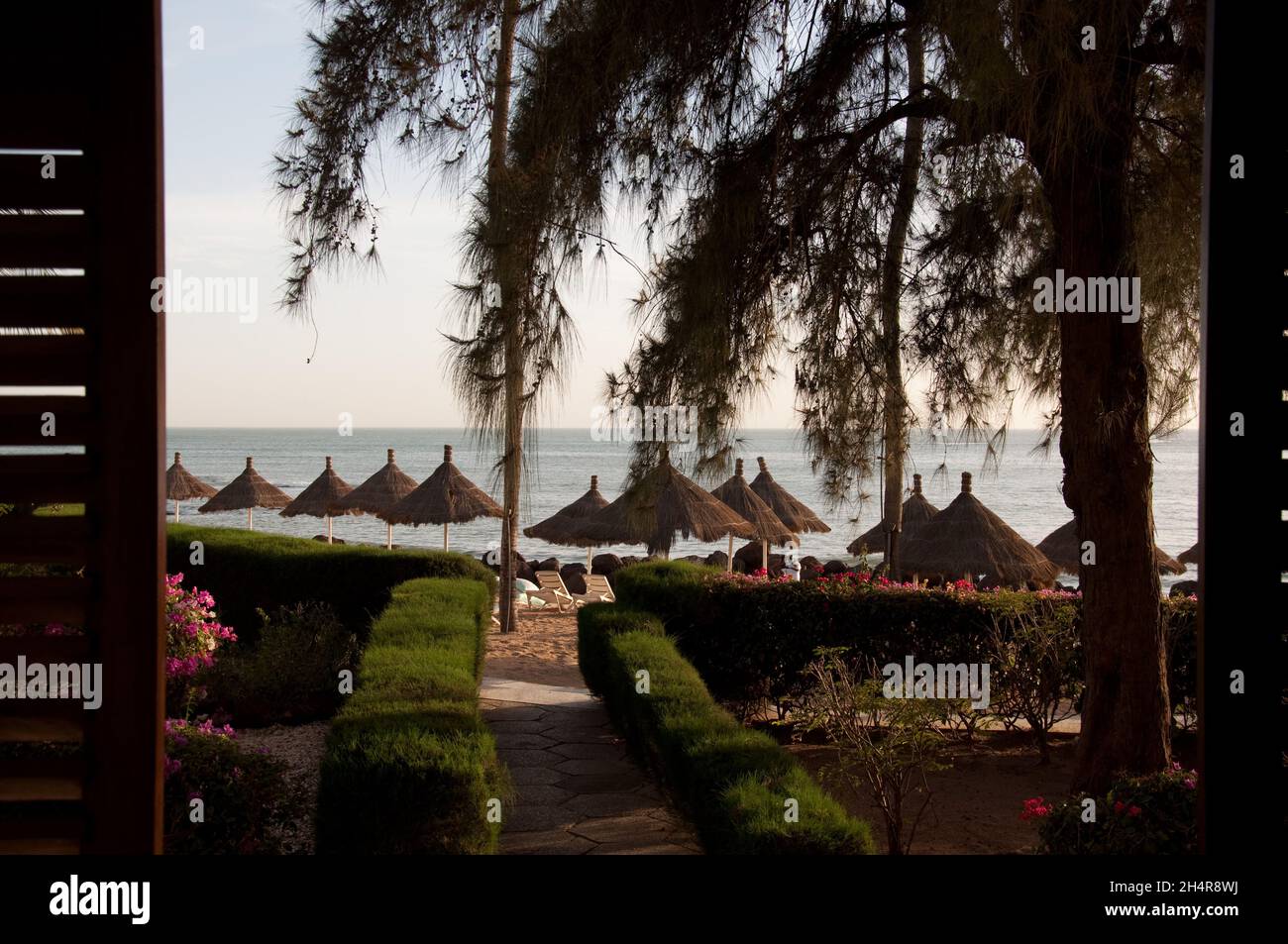 At the beach, Saly-Portudal, Petite Côte of Senegal, Senegal.  Beach, deck-chairs, trees, thatched rooves; beach shade. Stock Photo