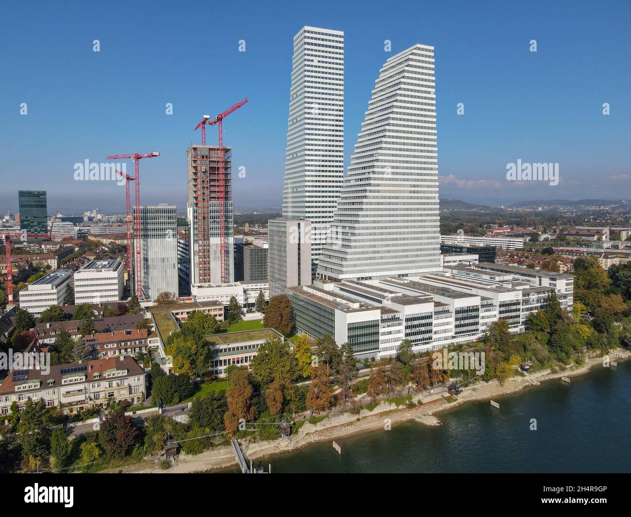 Basel, Switzerland - 17 September 2021: Drone view at the Roche industry towers at Basel on Switzerland Stock Photo