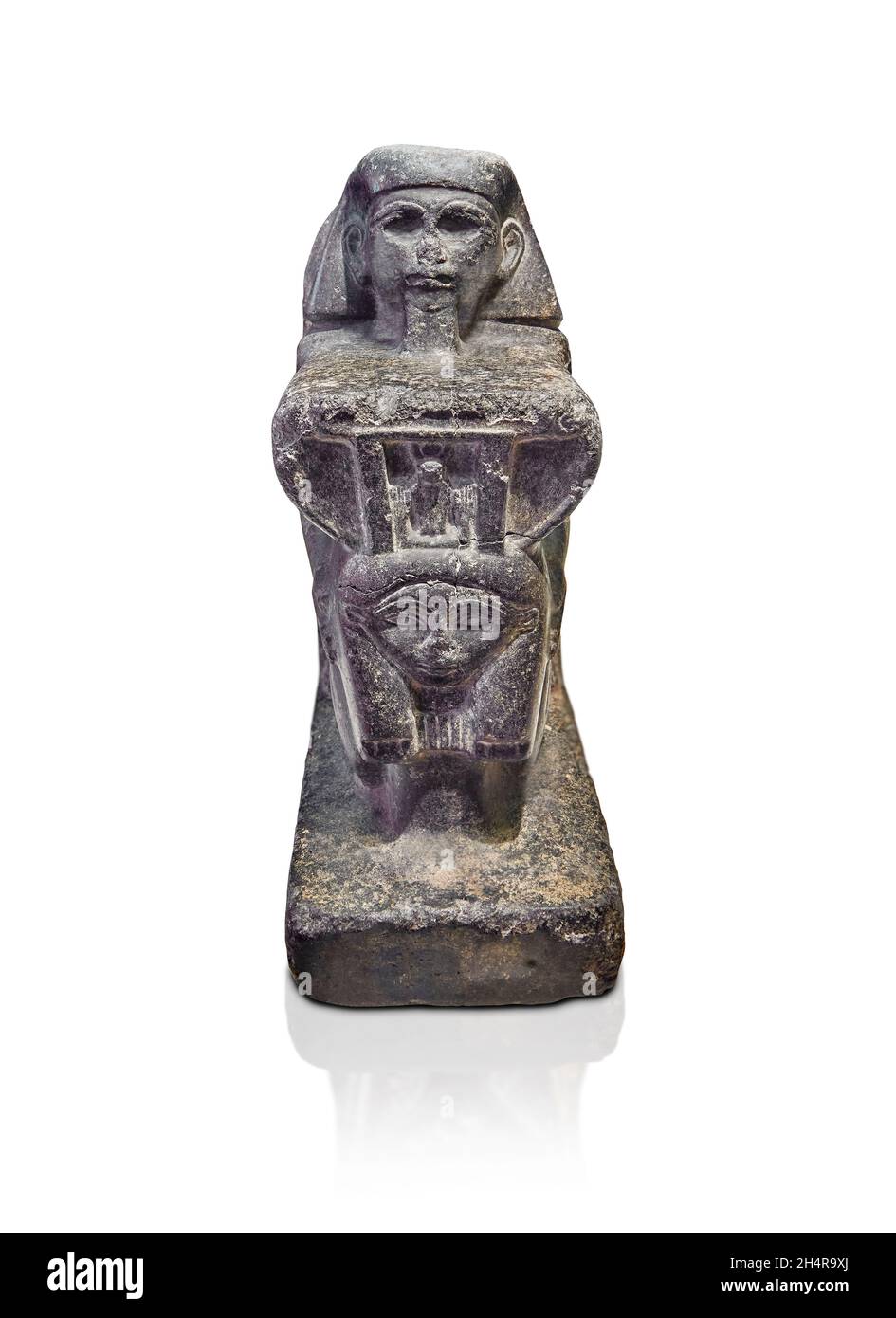 Egyptian statue sculpture of Djehoutynefer, steward of the god's espouse, presenting an emblem of the goddess Hathor, 1479-1457 BC, 18th dynasty. Louv Stock Photo
