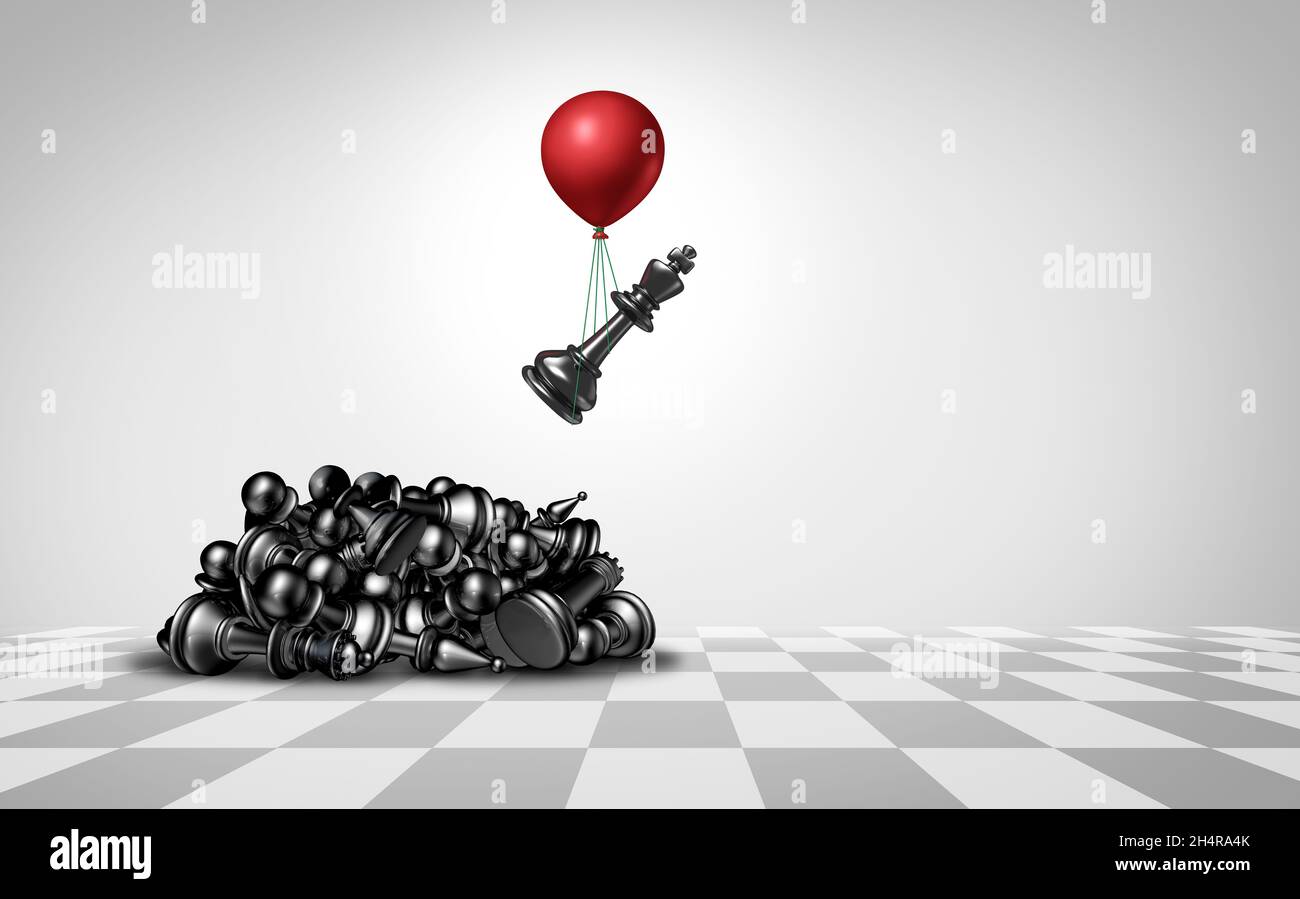 Escape a crisis business strategy concept as a chess set of fallen pieces with a king piece escaping failure or adversity idea and surviving. Stock Photo