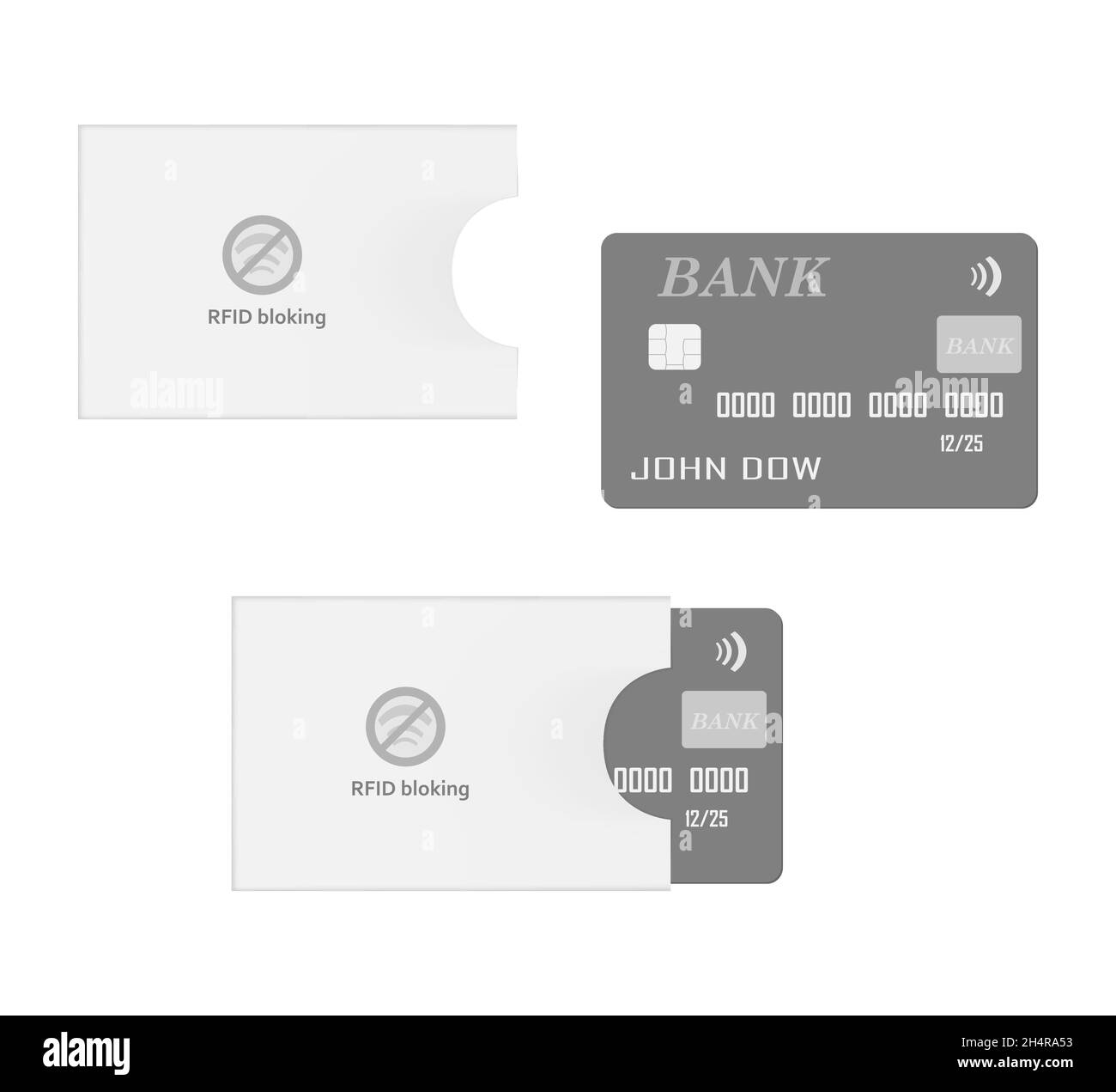 Bank plastic chip card with RFID blocking sleeve holder isolated on white background. Vector template Stock Vector