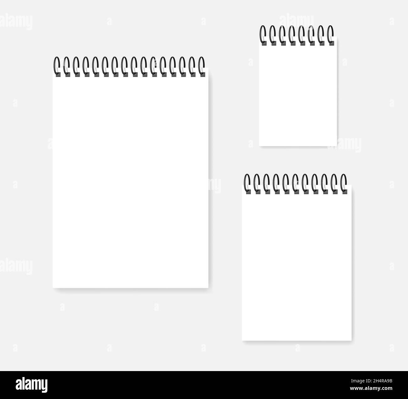 White paper sheet with spiral, vector mock-up set. A4, A5, A6 sizes. Blank ring bound vertical calendar, realistic mockup Stock Vector