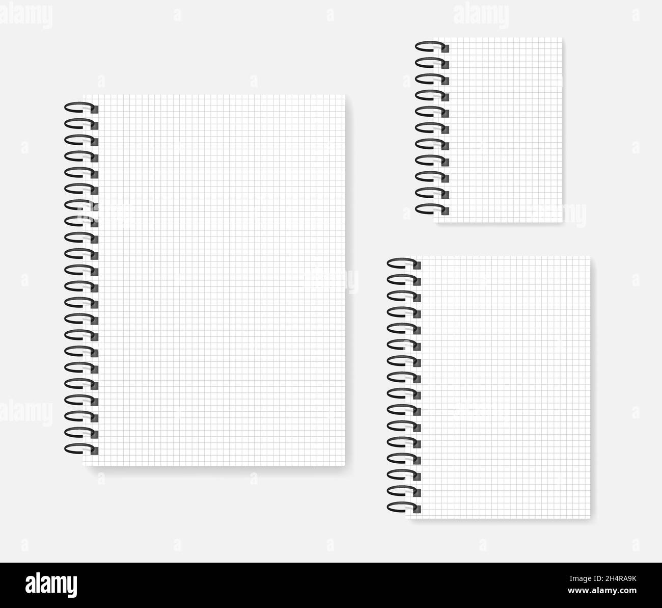 Wire ring bound grid lined notebook mock-up set. A4, A5, A6 sizes Stock Vector