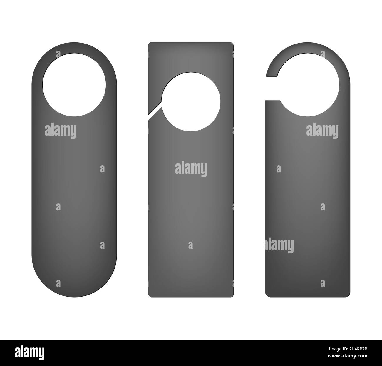 Door hanger mockup set. Blank dark gray cards isolated on white background. Vector mock-up for design Stock Vector