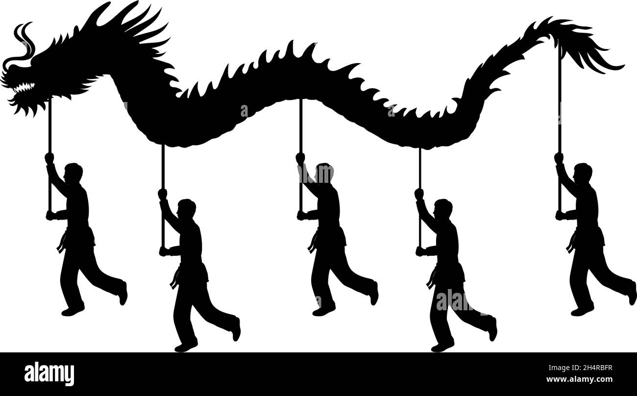 Silhouette of people performing dragon dance for Chinese New Year. Stock Vector
