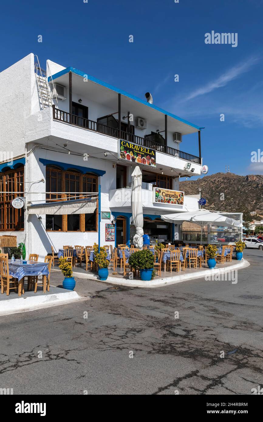 Greek tavern in a small village Paleochora on the southwest coast of Crete, Greece Stock Photo