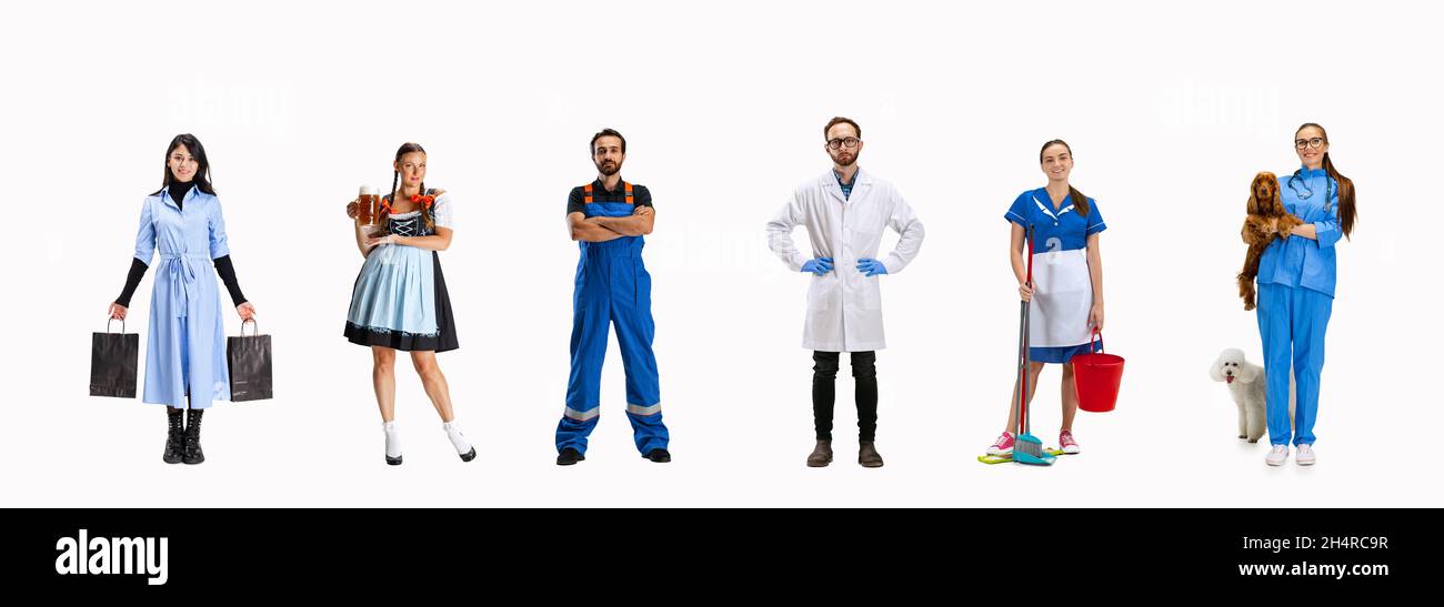 Collage made of men and women in image of housewife, waitress, mechanic ...