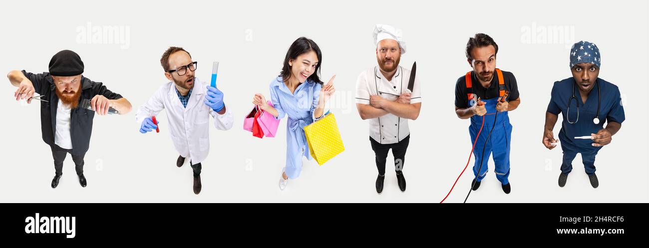 High angle view of age-diverse people, barber, chemist, housewife, cook ...