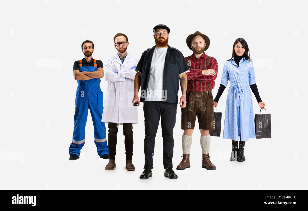 Collage made of young men and woman standing like team of professionals