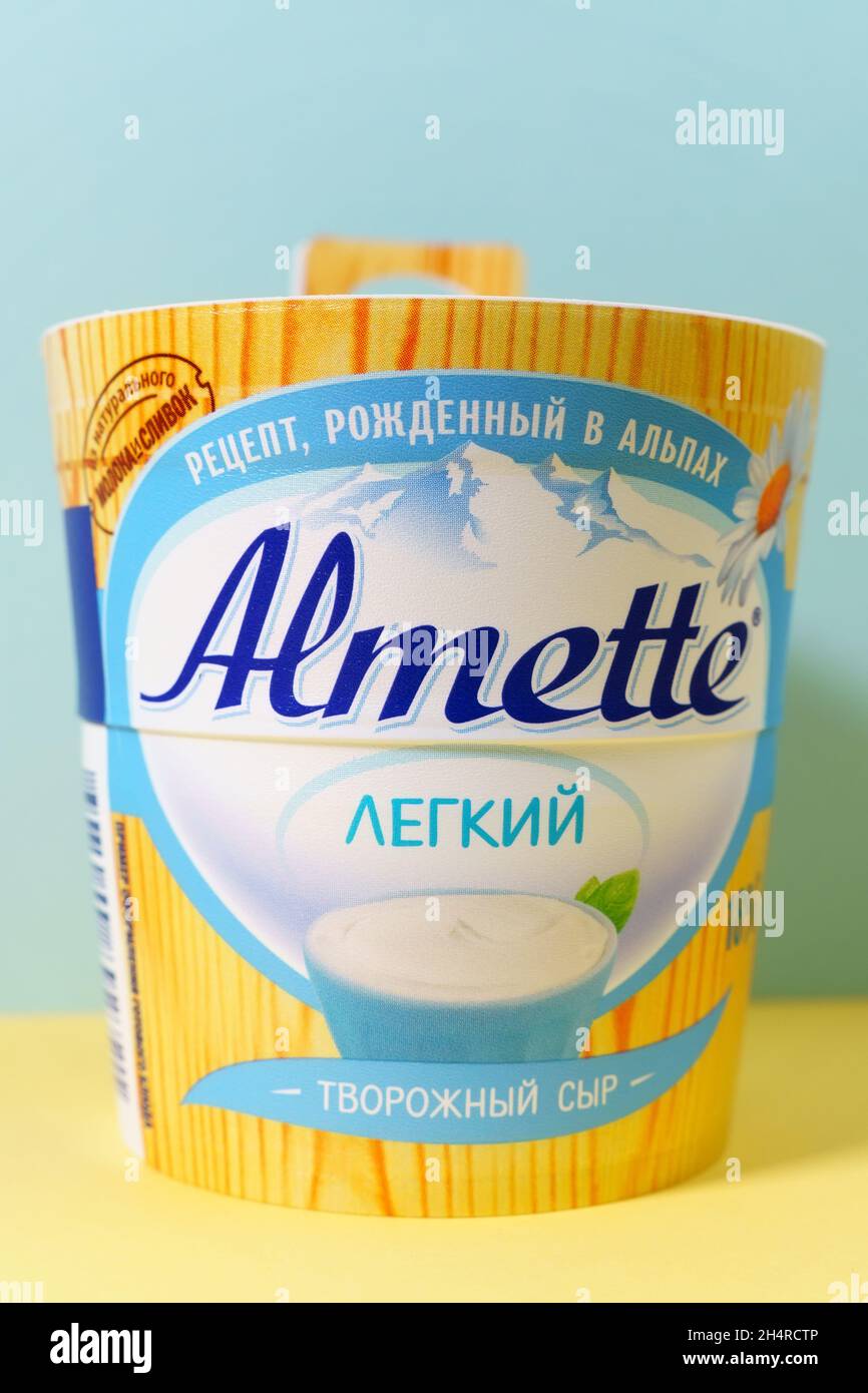 Tyumen, Russia-October 15, 2021: Almette cheese is a light curd cheese ...