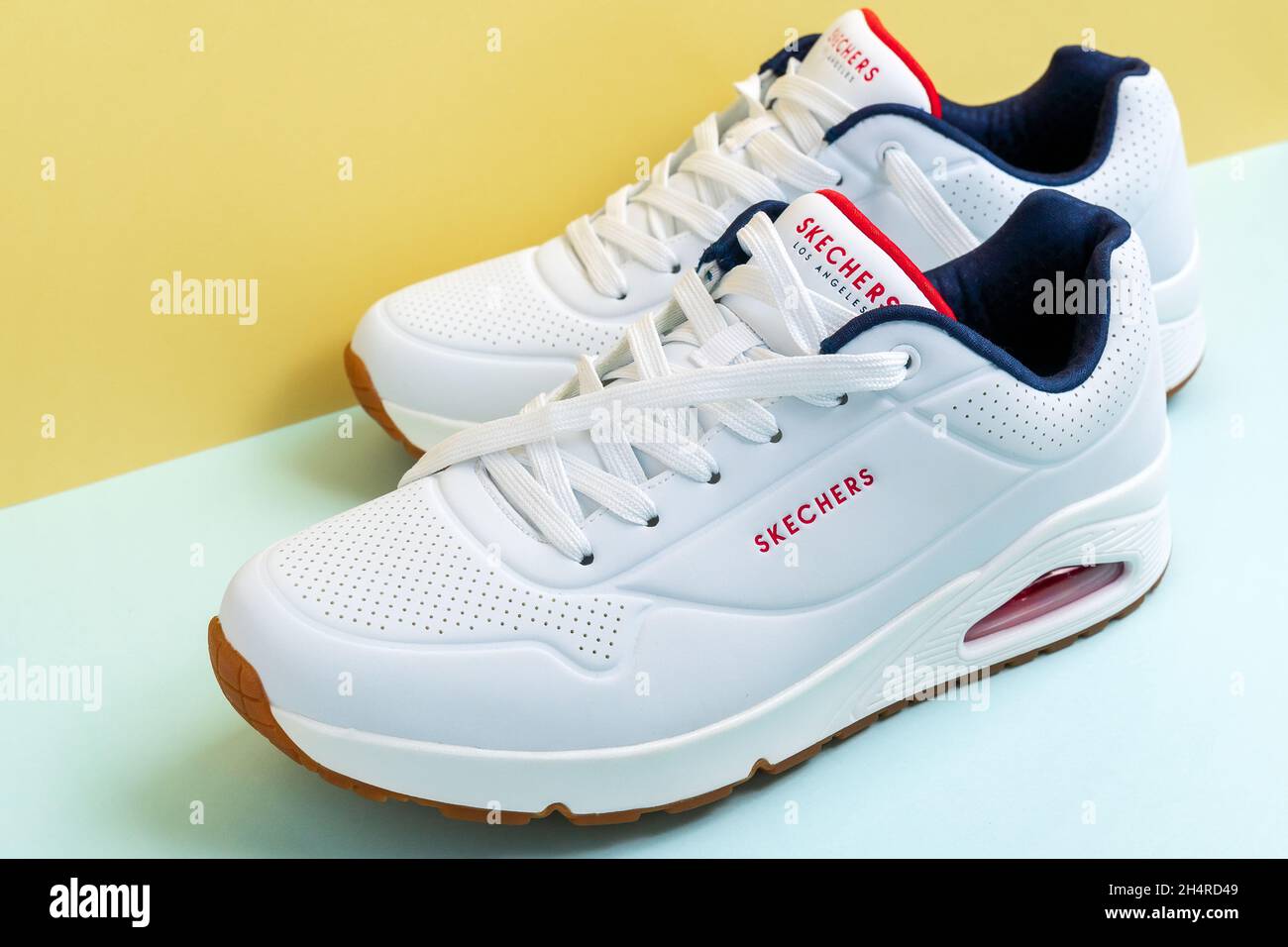Tyumen, Russia-October 14, 2021: New men sneakers white shoe los angeles by  Skechers. Selective focus Stock Photo - Alamy