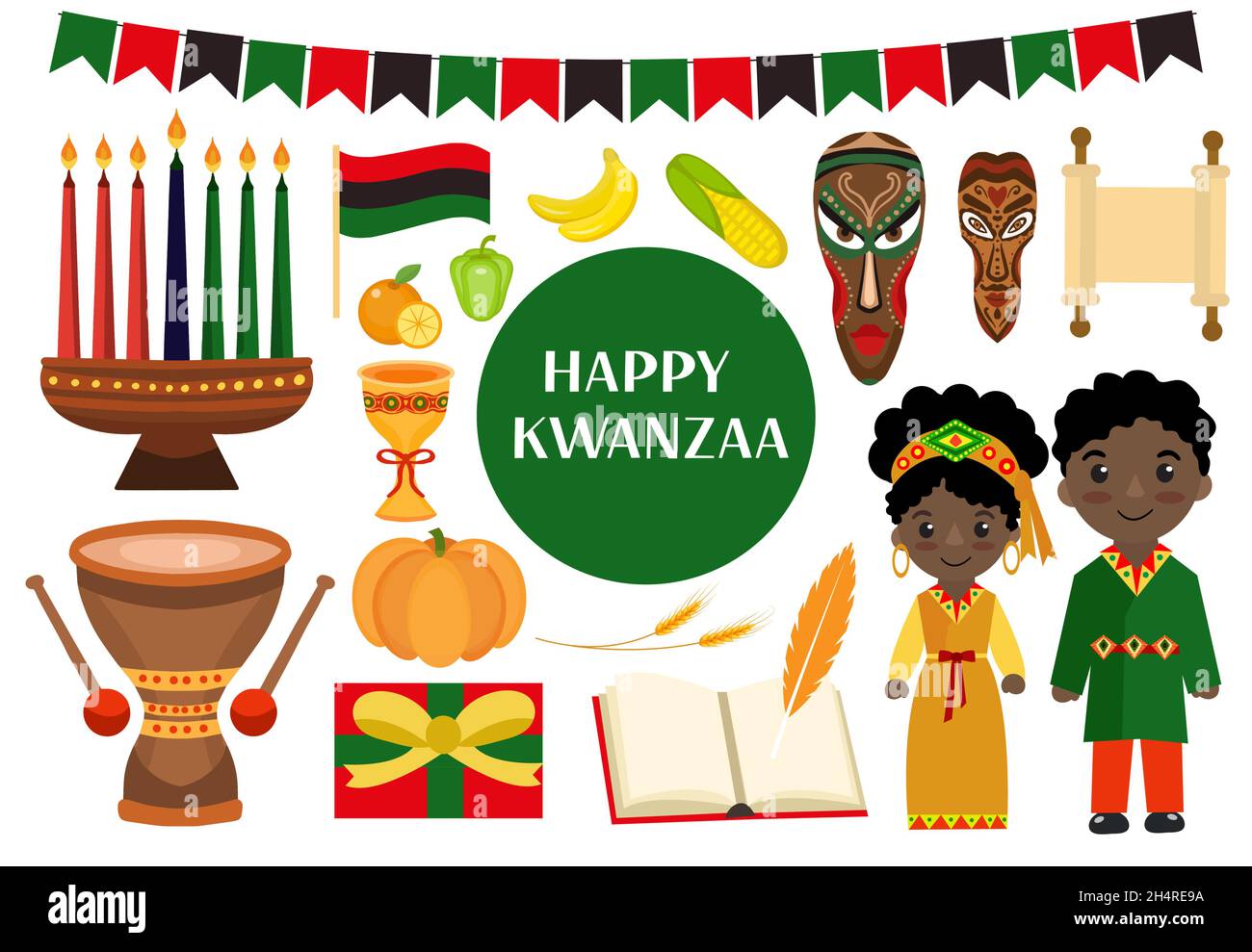 Kwanzaa icons set. African American holiday festival collection clip art hand drawing style with kinara, tribal masks, drum. Vector illustration Stock Vector