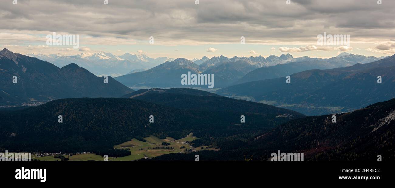 Alpine Panorama View seen from near Gaistal (in the foreground), Leutasch, Tirol, Austria Stock Photo