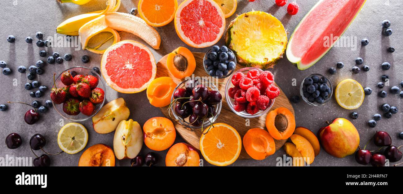Composition with a variety of fresh culinary fruits Stock Photo