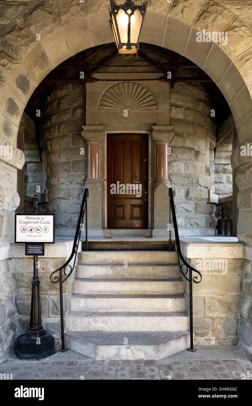 Vertical shot of an entrance door to the famous historic Craigdarroch Castle in Victoria Stock Photo