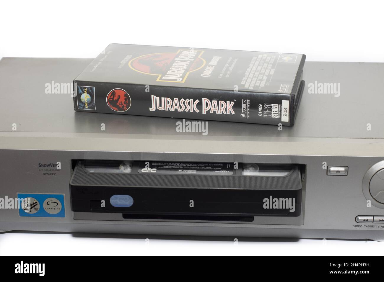 HUELVA, SPAIN Oct 11, 2021 The VHS movie cassette of Jurassic Park on an old Sony video