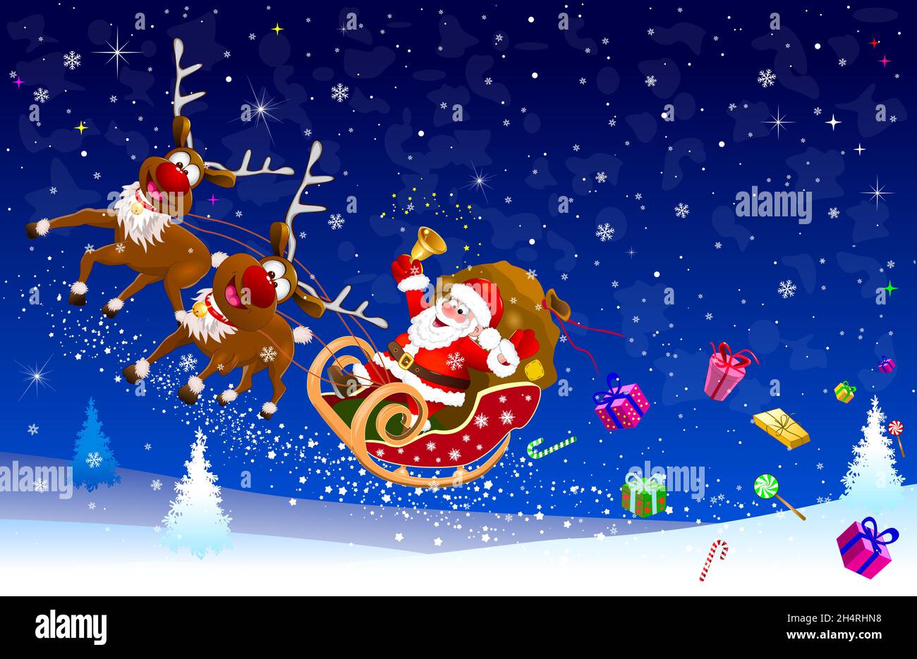 Santa Claus on a sleigh pulled by reindeer flies across the sky and scatters gifts. Santa Claus with gifts on a sleigh on Christmas Eve. Stock Vector