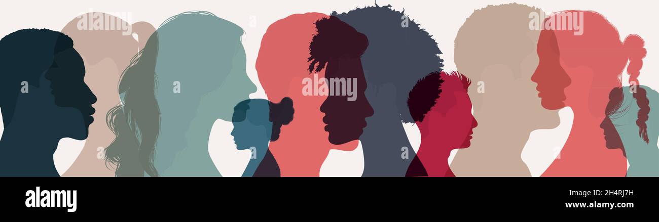 Psychology and psychiatry concept. Silhouette heads faces in profile of multiethnic and multicultural people.Psychological therapy.Patients Stock Vector