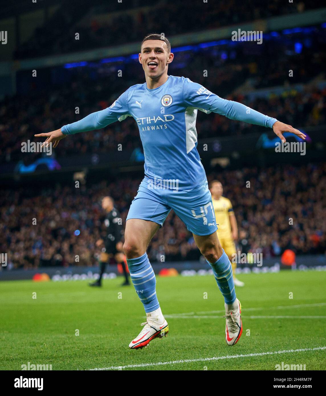 Manchester, UK. 03rd Nov, 2021. Phil Foden of Man City celebrates his goal making it 1-0 during the UEFA Champions League match between Manchester City and Club Brugge at the Etihad Stadium, Manchester, England on 3 November 2021. Photo by Andy Rowland. Credit: PRiME Media Images/Alamy Live News Stock Photo