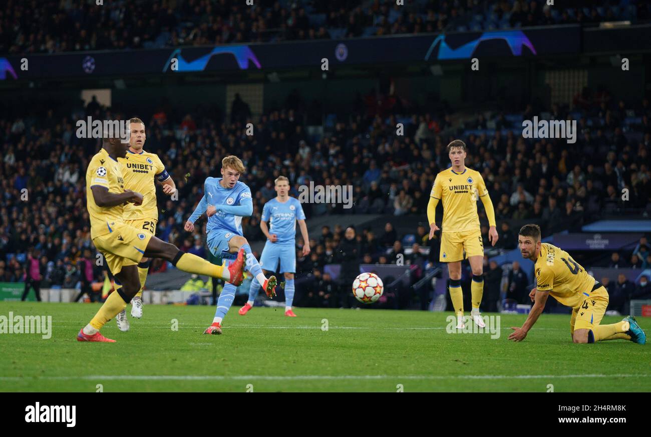 Manchester, UK. 03rd Nov, 2021. Cole Palmer of Man City shot at goal during  the UEFA Champions League match between Manchester City and Club Brugge at  the Etihad Stadium, Manchester, England on